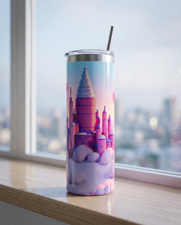 Kubek termiczny Pixel Sip 600 ml na kawę stojący przy oknie